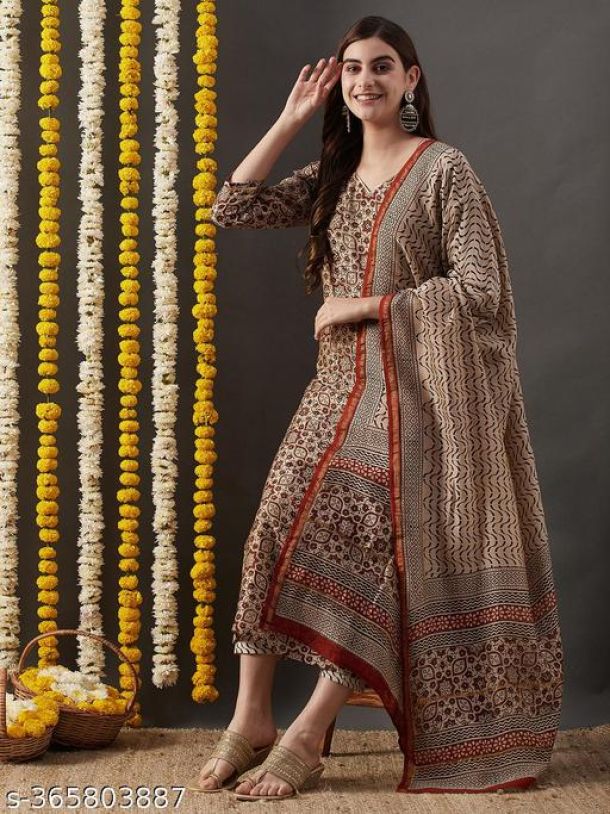 Women's Cotton Blend Printed Straight Kurta With Trousers & Dupatta
