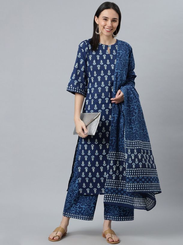 Blue Printed Rayon Straight Kurti With Palazzos & Dupatta